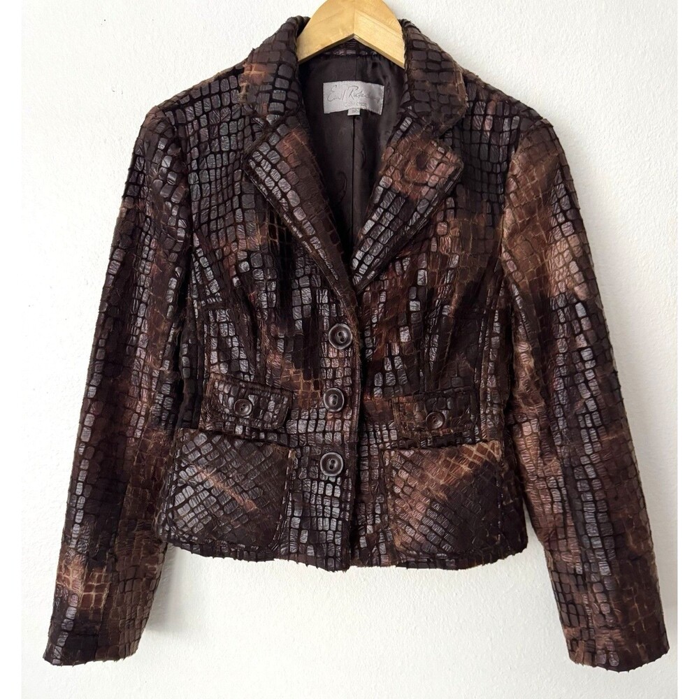 Vintage Emil Rutenberg Cropped Blazer Womens S Faux Fur Croc Brown Made in USA